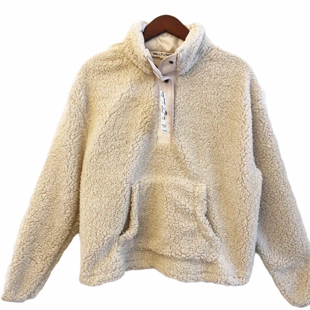 WALLFLOWER NWT Teddy Faux Fur Snap Collar Pullover Jacket in Heather Oatmeal